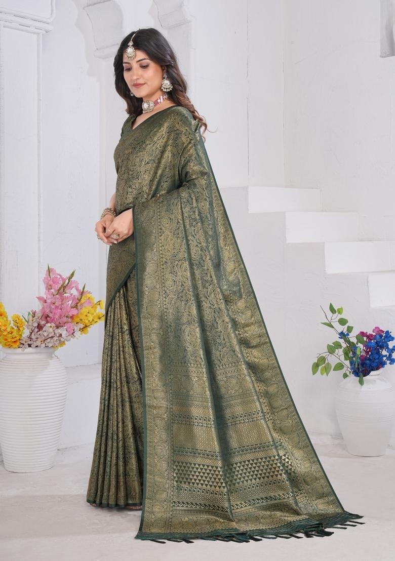 Dark Green Zari Work Silk Saree Set - Indya