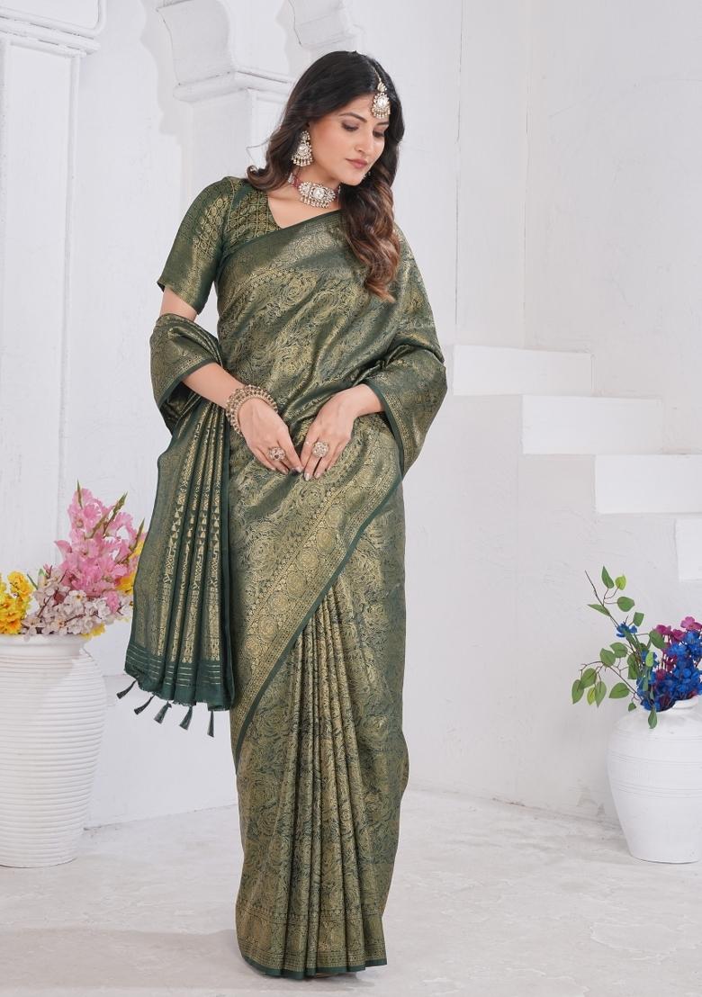 Dark Green Zari Work Silk Saree Set - Indya