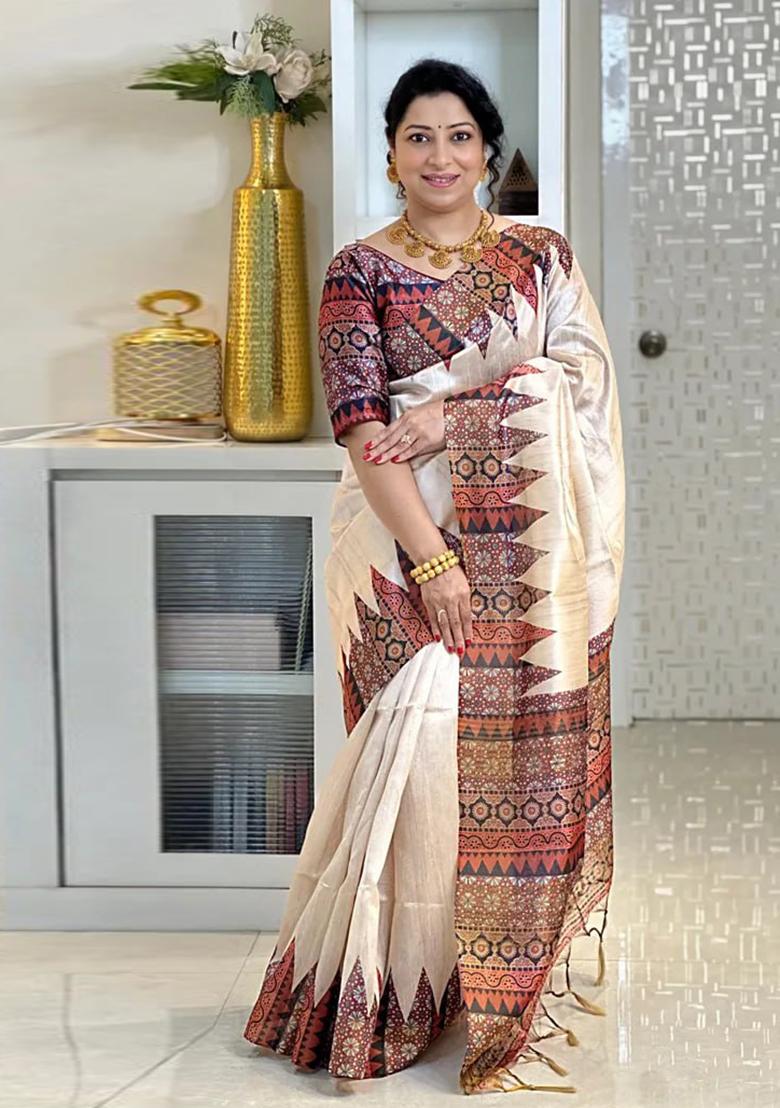 Orange Zari Work Silk Saree Set - Indya