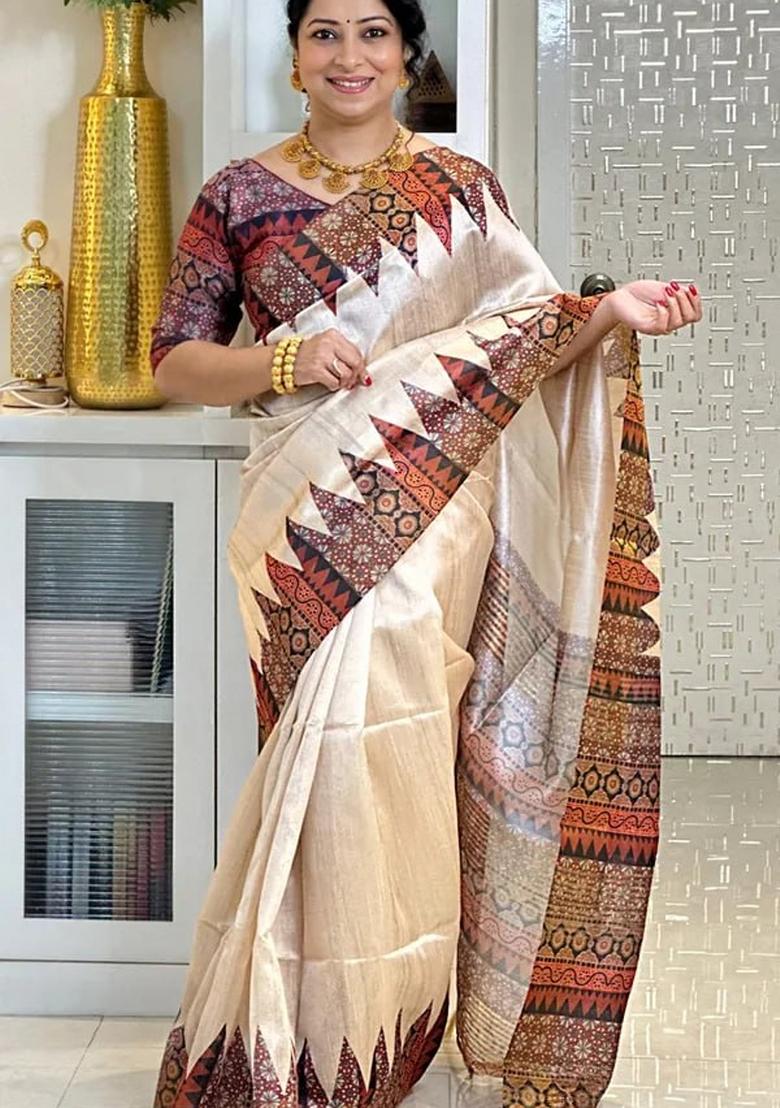 Orange Zari Work Silk Saree Set - Indya