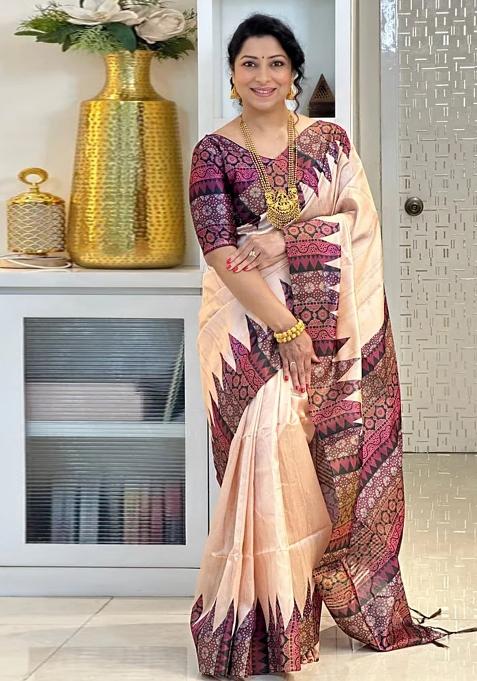Wine Zari Work Silk Blend Saree Set