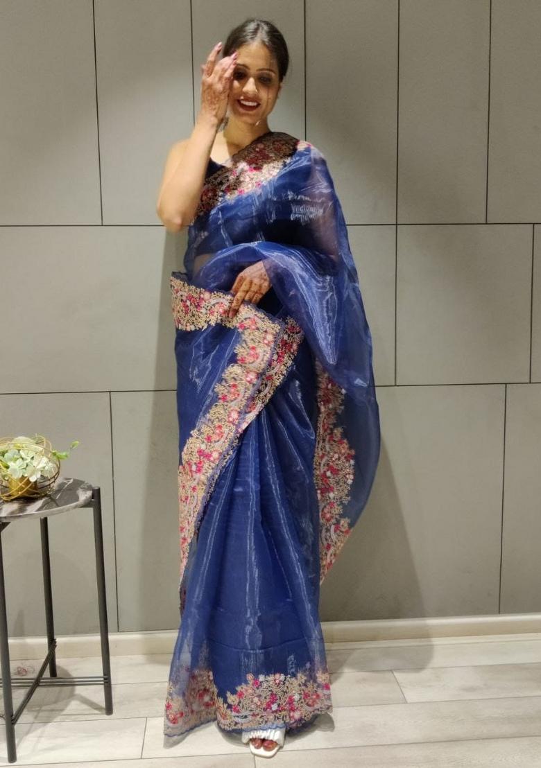 Orange Embroidery Silk Saree Set - Indya