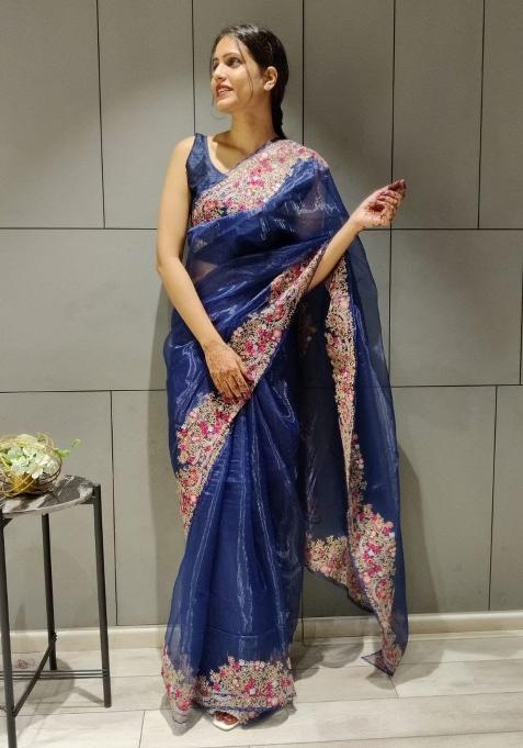 Orange Embroidery Silk Saree Set