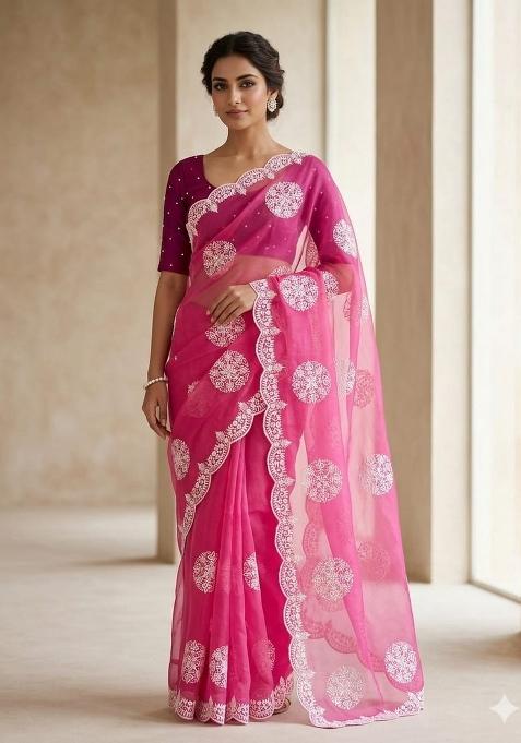 Pink Embroidery Silk Blend Saree Set