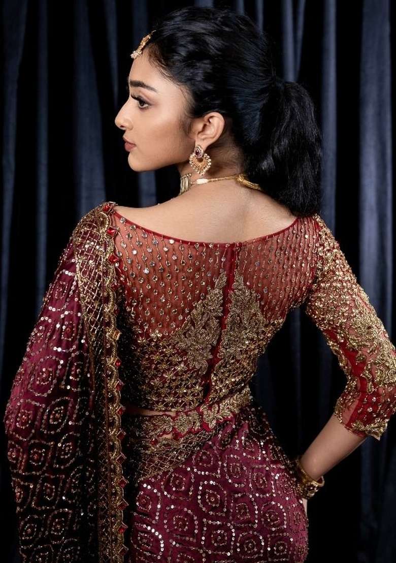 Maroon Silk Blend Saree Set with Zari Work for Diwali | Wedding & Festive Wear - Indya