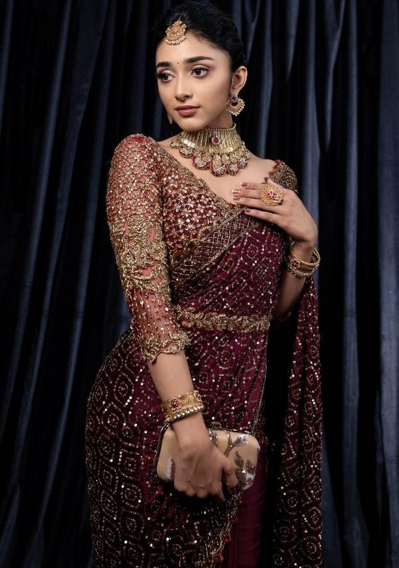 Maroon Zari Work Silk Saree Set - Indya