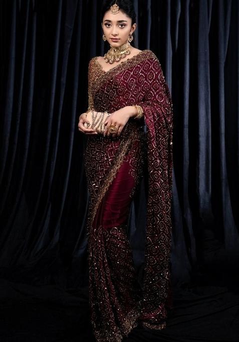 Maroon Zari Work Silk Saree Set