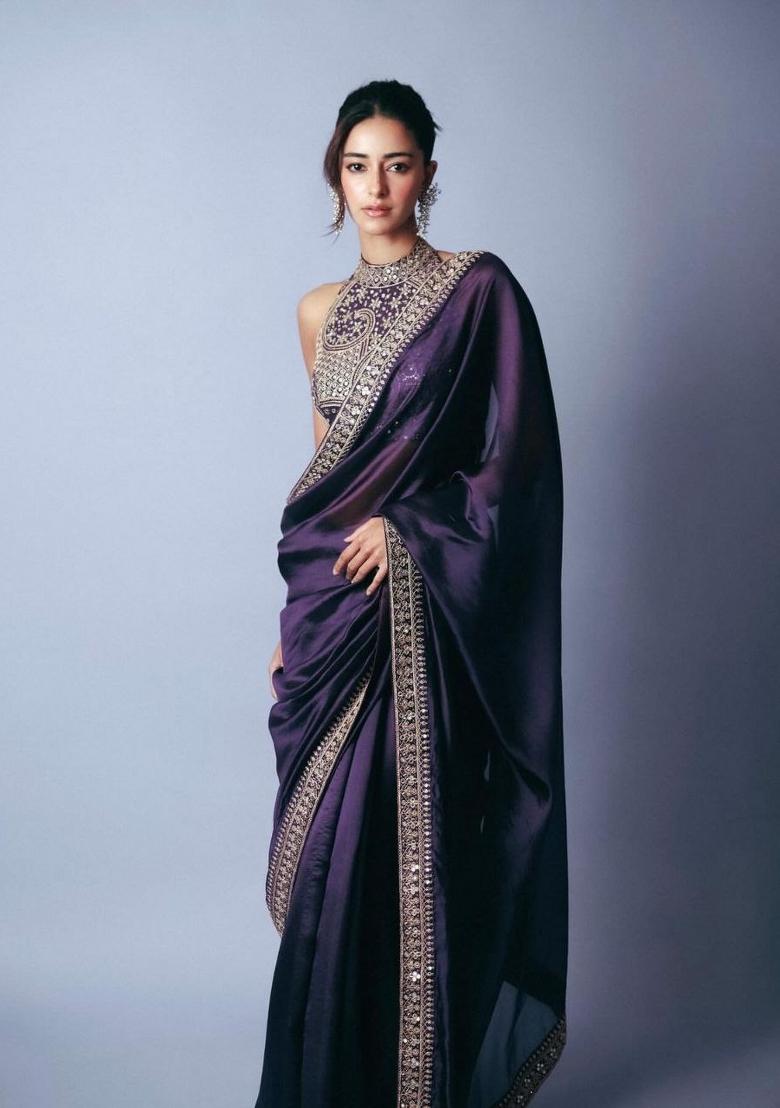 Blue Sequin Silk Saree Set - Indya