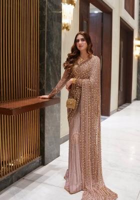 Golden Sequin Net Saree Set