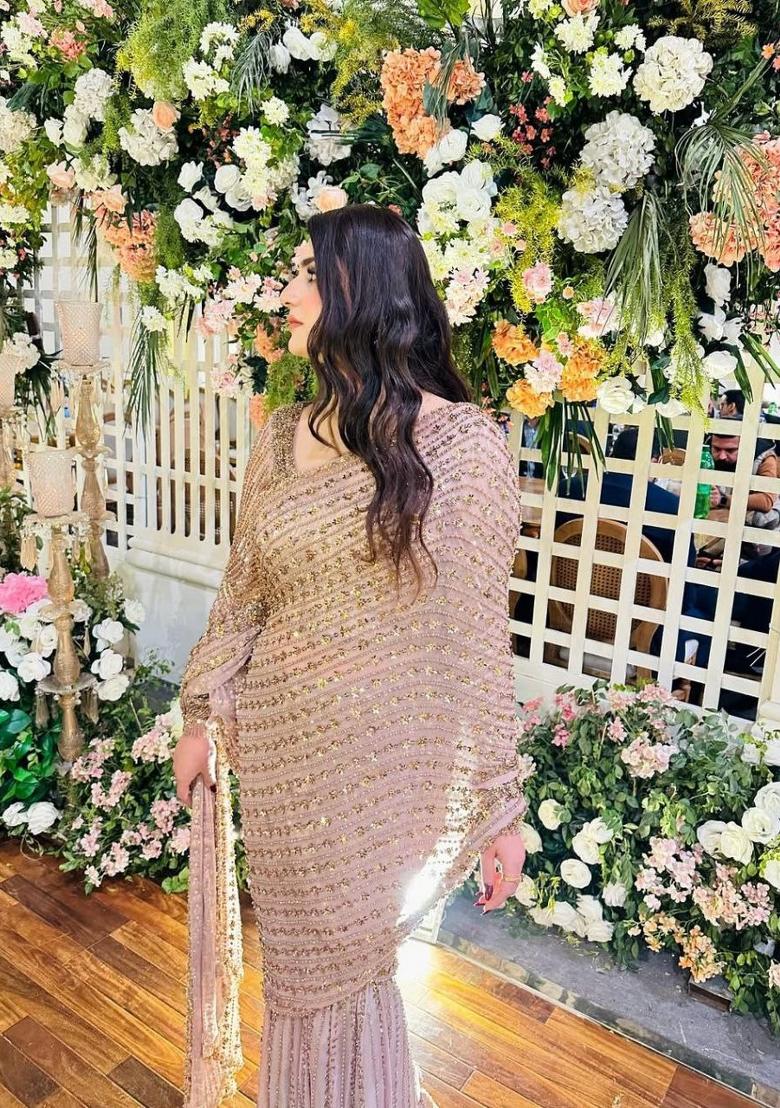 Golden Sequin Net Saree Set - Indya