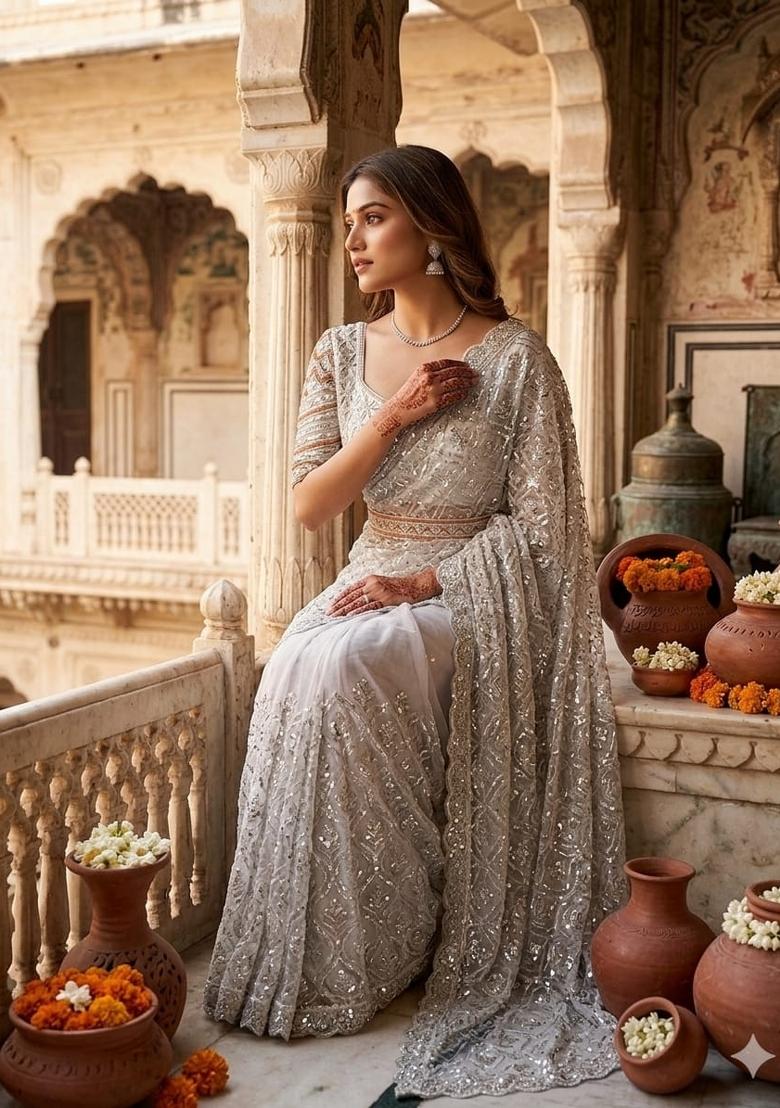 White Sequin Net Saree Set - Indya