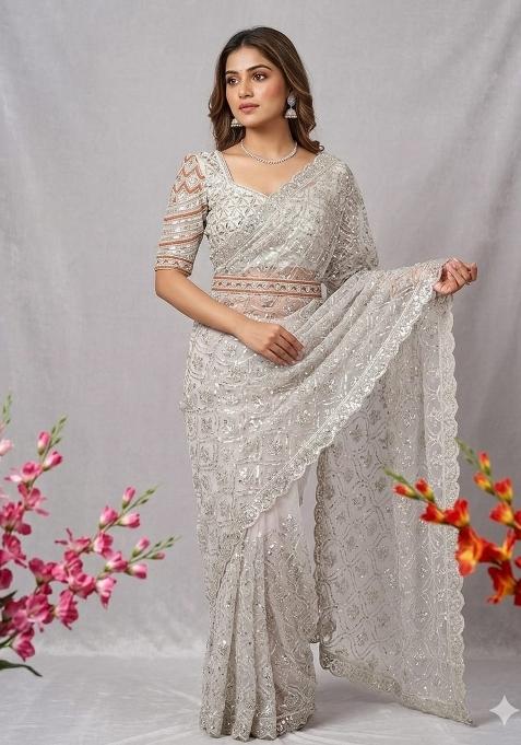 White Sequin Net Saree Set