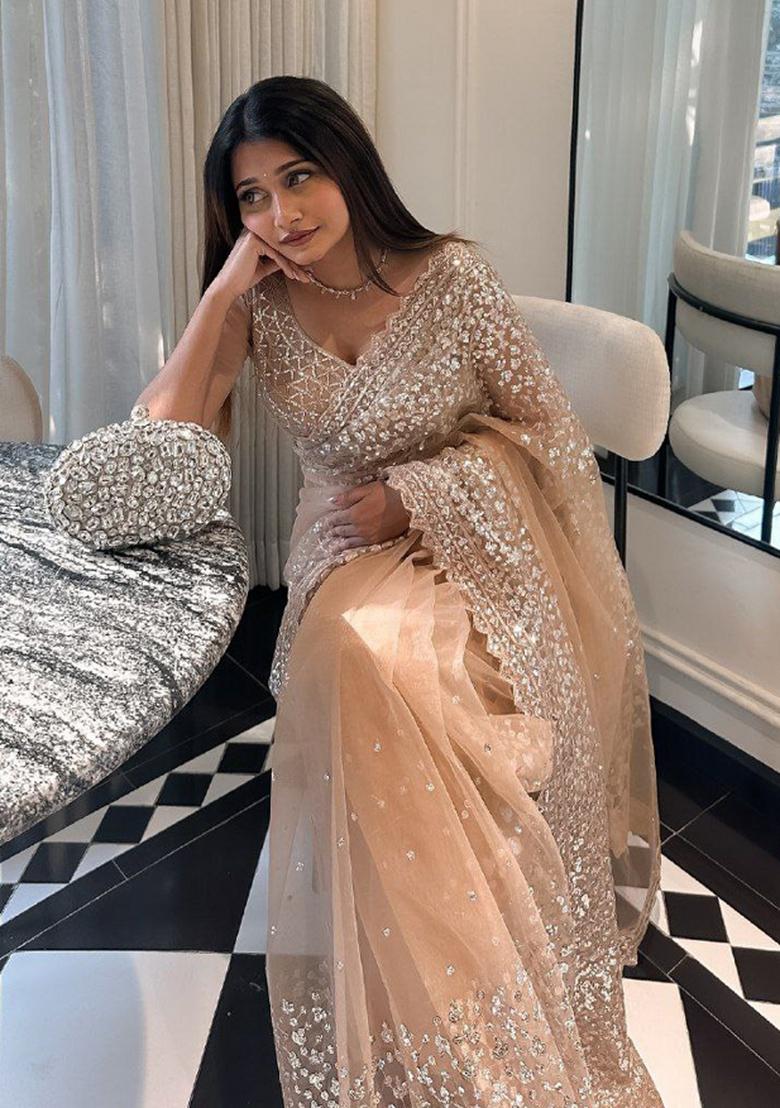 Golden Sequin Net Saree Set - Indya