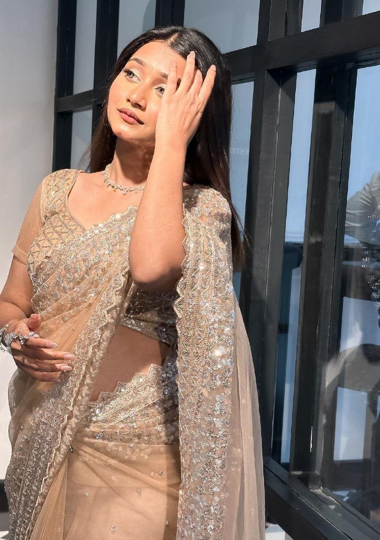 Golden Sequin Net Saree Set - Indya