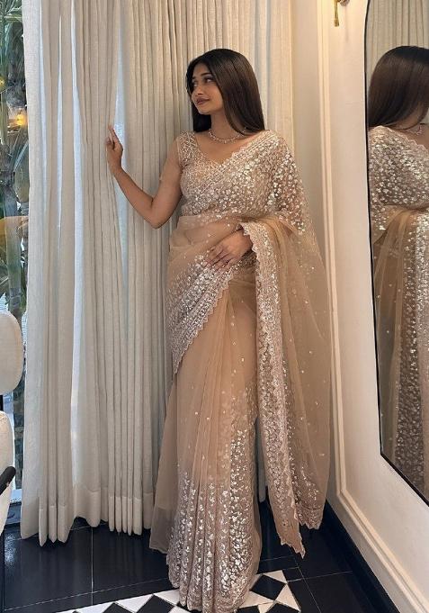 Golden Sequin Net Saree Set — view on Indya
