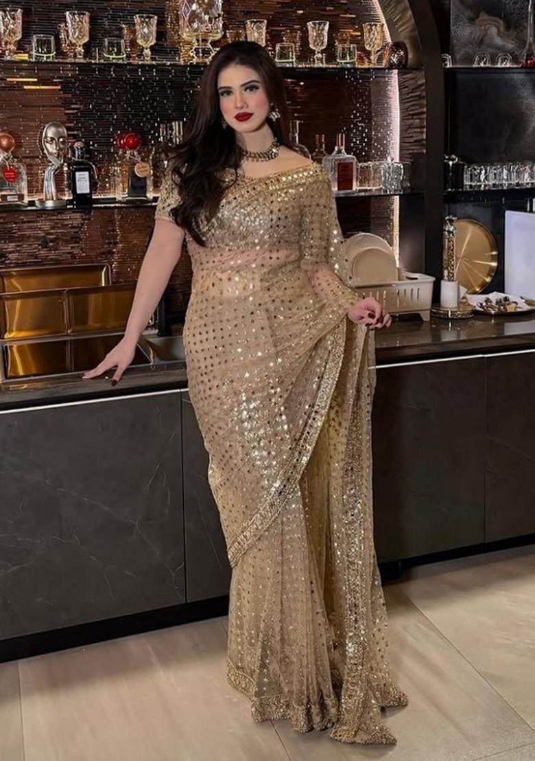 Golden Embroidery Net Saree Set - Indya
