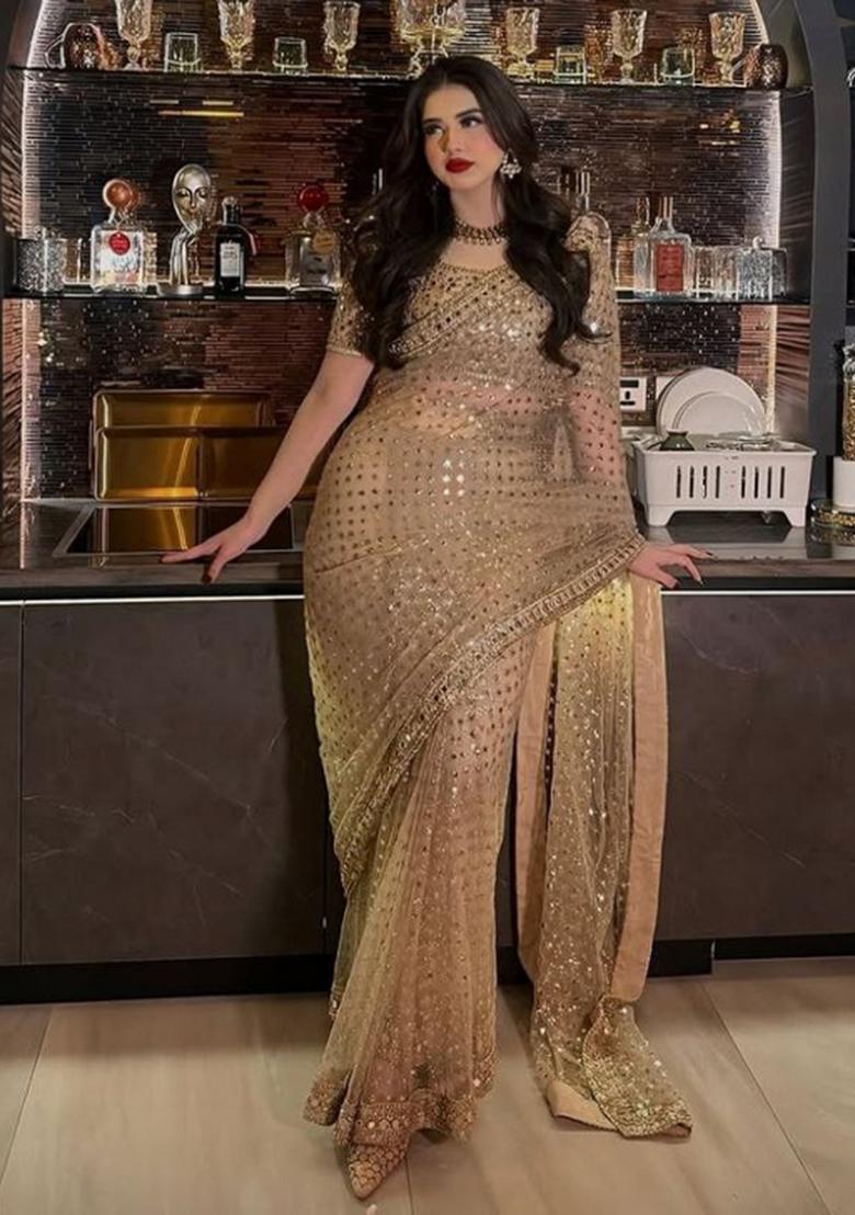 Golden Embroidery Net Saree Set - Indya