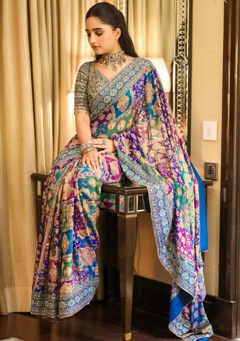 Blue Mirror Work Silk Saree Set - Indya