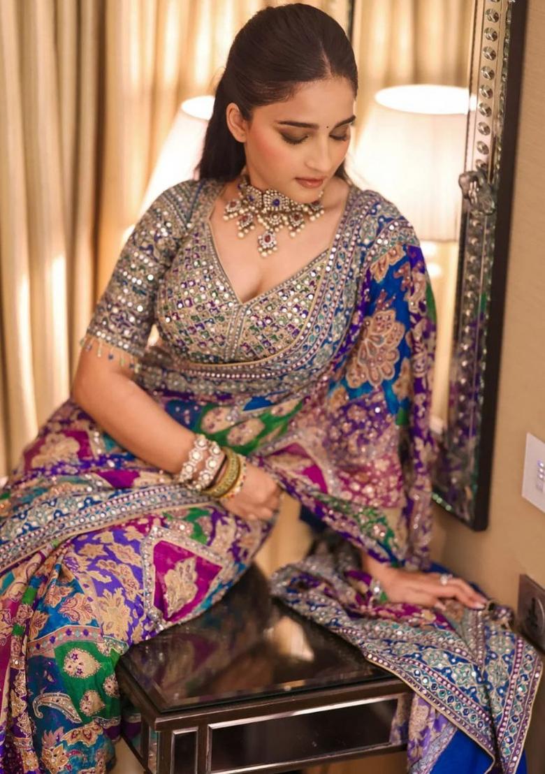 Blue Mirror Work Silk Saree Set - Indya