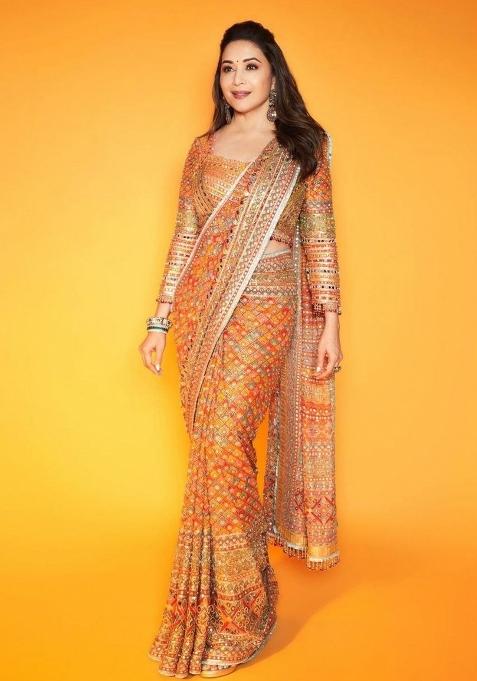 Yellow Mirror Work Silk Blend Saree Set