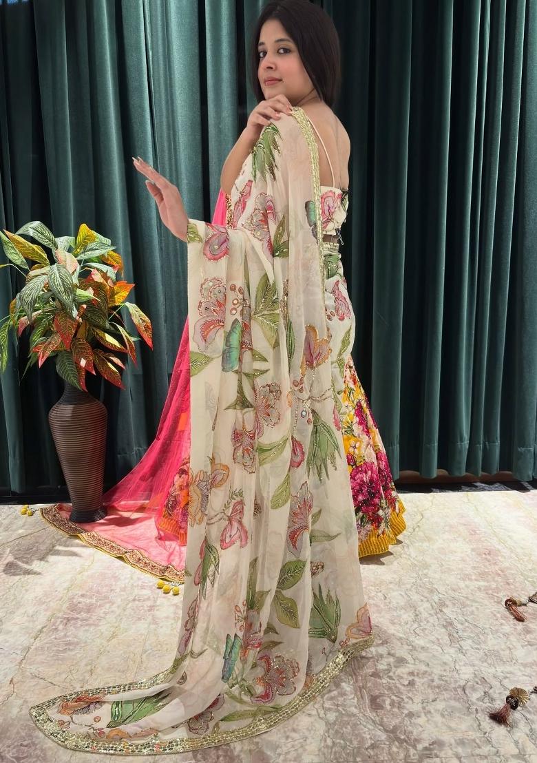 Off White Mirror Work Silk Saree Set - Indya