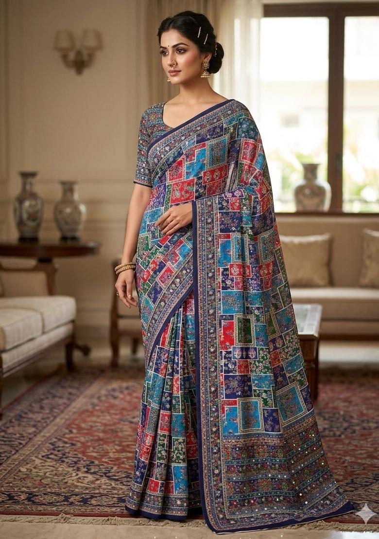 Blue Mirror Work Silk Saree Set - Indya