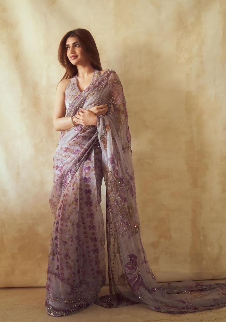 Purple Mirror Work Silk Saree Set - Indya