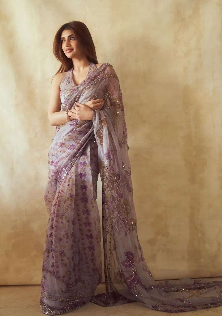 Purple Silk Blend Saree Set with Mirror Work for Diwali | Wedding & Festive Wear - Indya