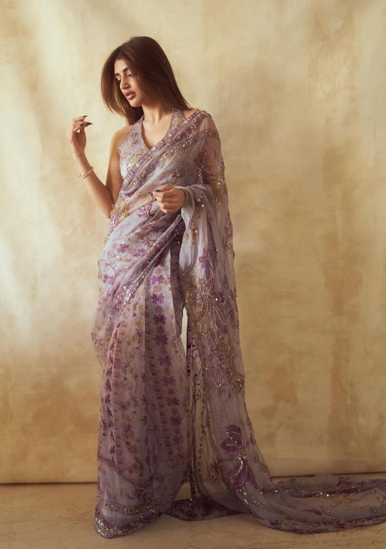 Purple Mirror Work Silk Saree Set - Indya