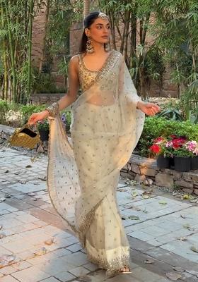 White Zari Work Silk Saree Set