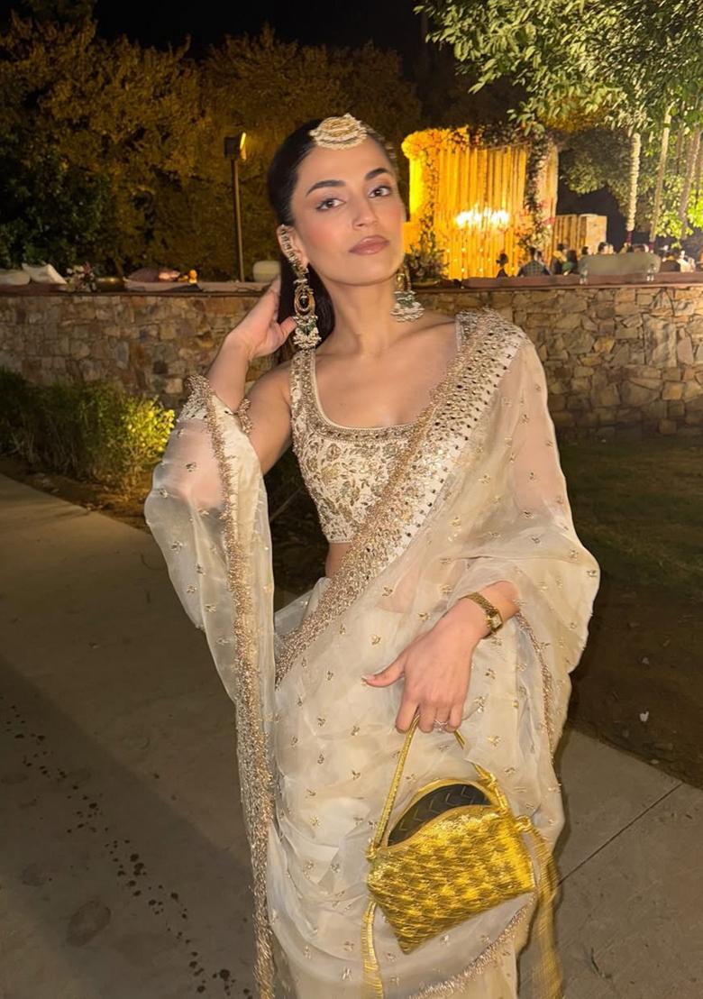 White Zari Work Silk Saree Set - Indya