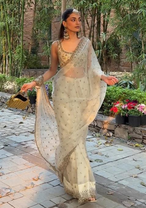 White Zari Work Silk Saree Set