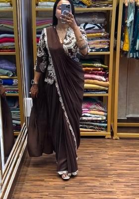 Brown Embroidery Silk Saree Set