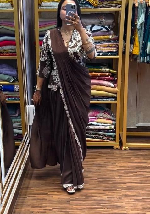 Brown Embroidery Silk Saree Set — view on Indya