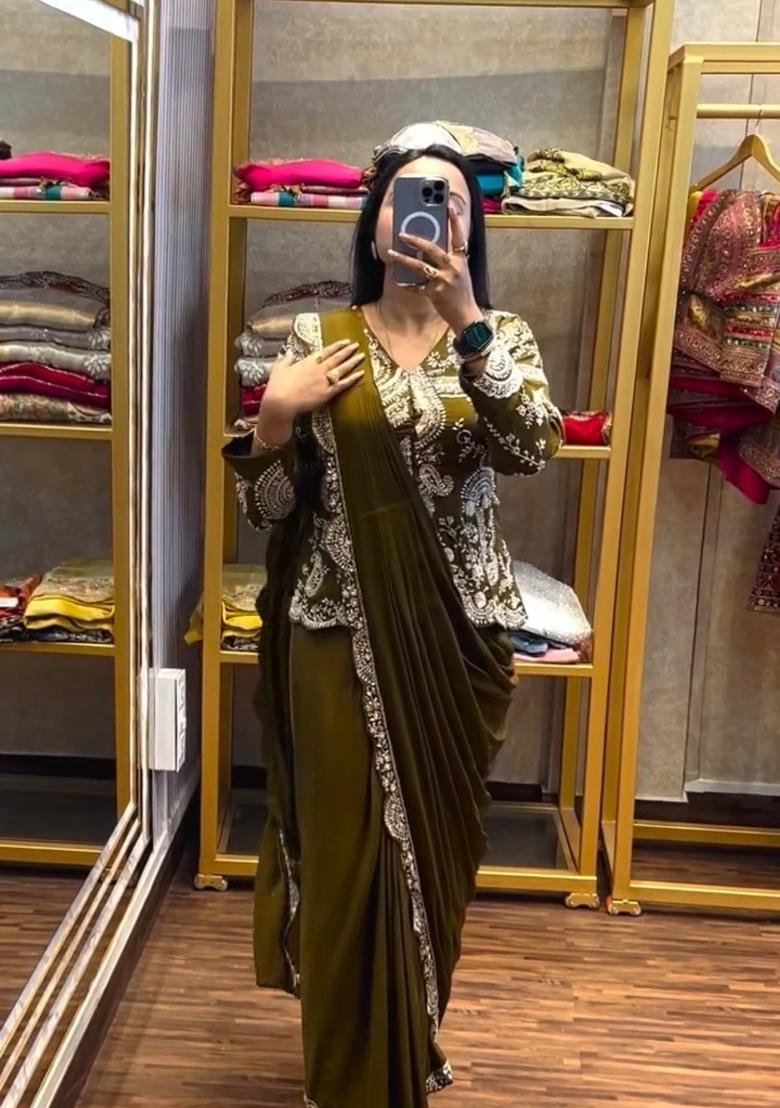 Mehendi Embroidery Silk Saree Set - Indya