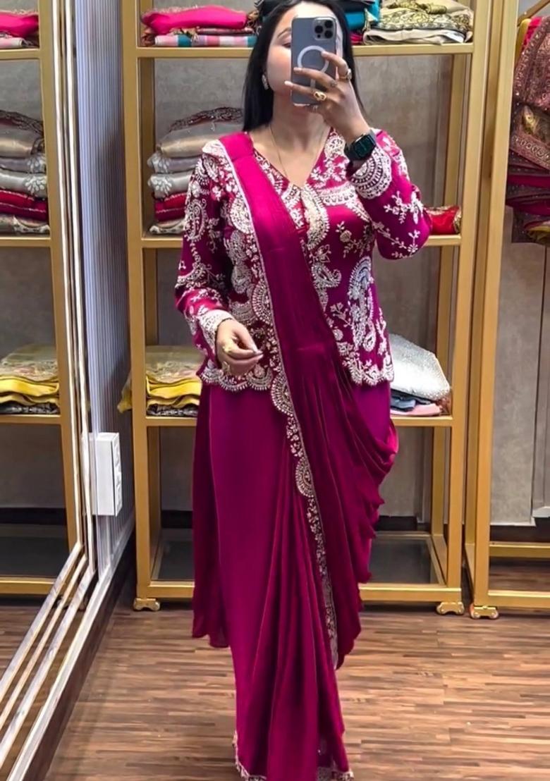 Pink Embroidery Silk Saree Set - Indya