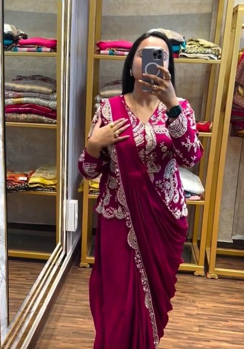 Pink Embroidery Silk Saree Set