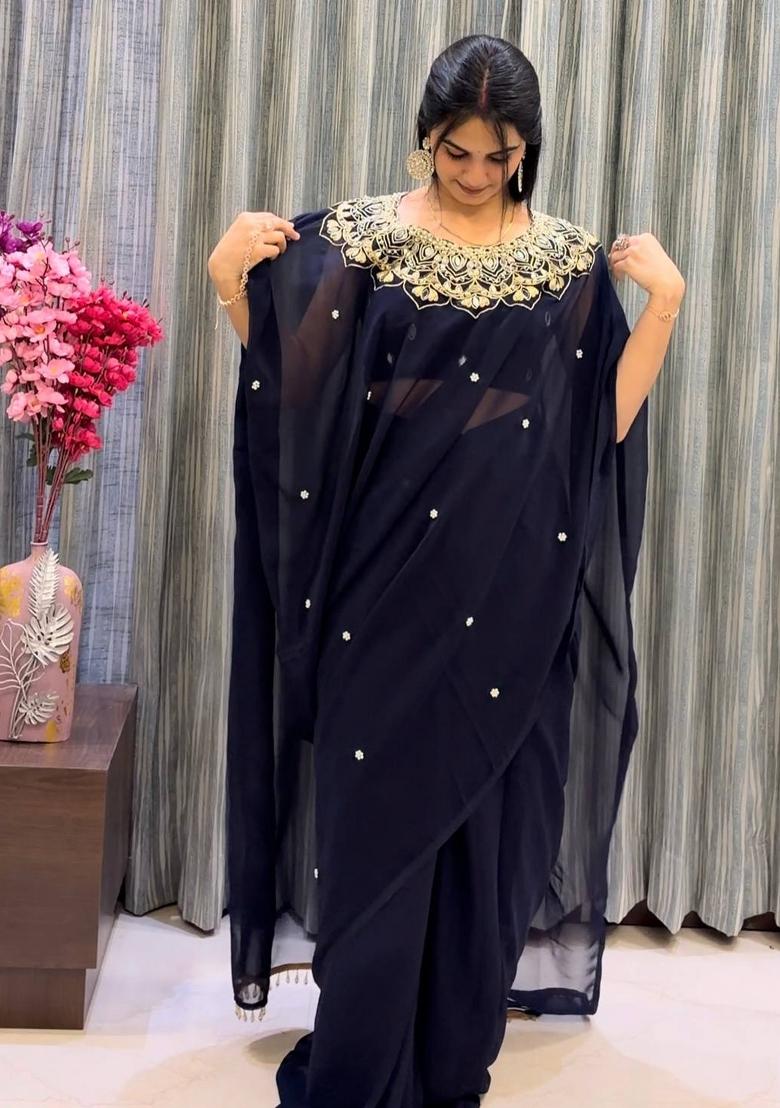 Black Embroidery Georgette Saree Set - Indya