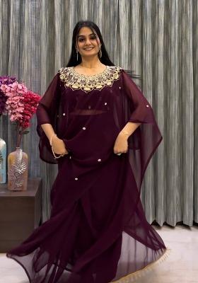 Brown Embroidery Georgette Saree Set