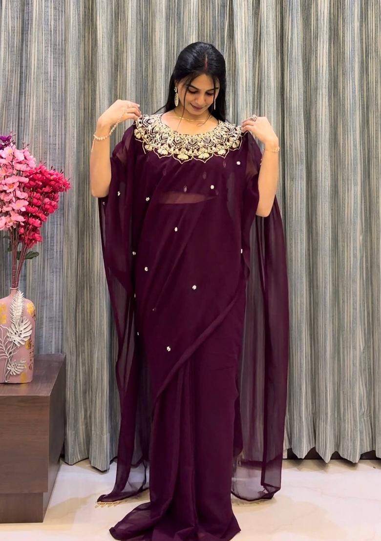 Brown Embroidery Georgette Saree Set - Indya