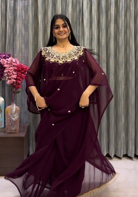 Brown Embroidery Georgette Saree Set