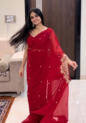 Red Embroidery Georgette Saree Set