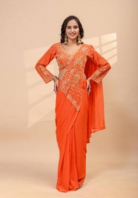 Orange Embroidery Georgette Saree Set