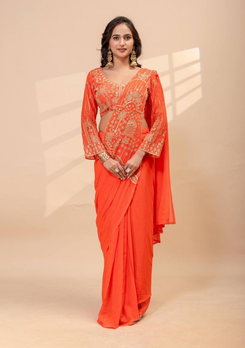 Orange Embroidery Georgette Saree Set - Indya