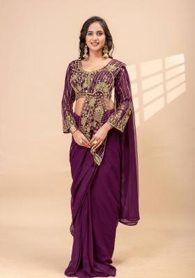 Wine Embroidery Georgette Saree Set