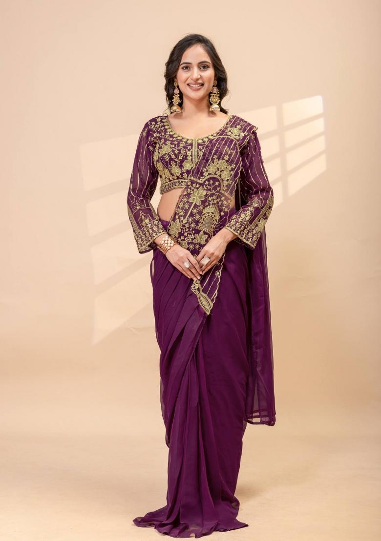 Wine Embroidery Georgette Saree Set - Indya