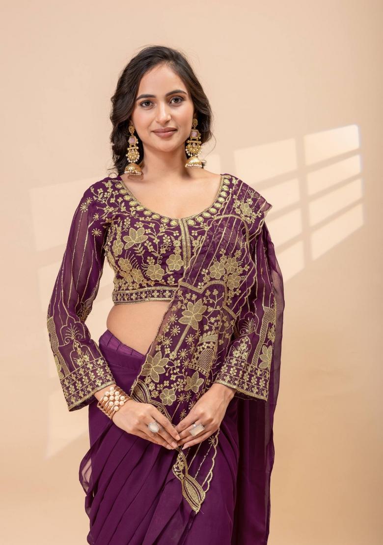 Wine Embroidery Georgette Saree Set - Indya