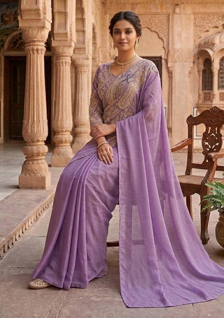Lavender Embroidery Silk Saree Set - Indya