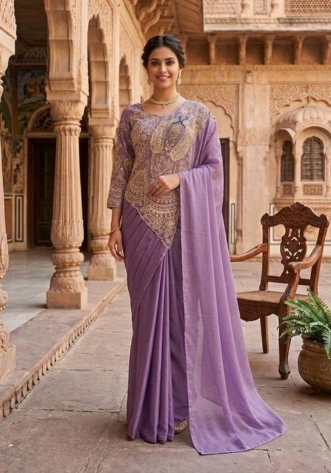Lavender Embroidery Silk Blend Saree Set
