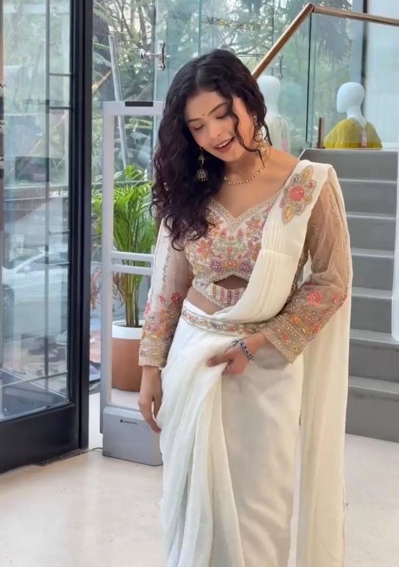 White Embroidery Georgette Saree Set - Indya